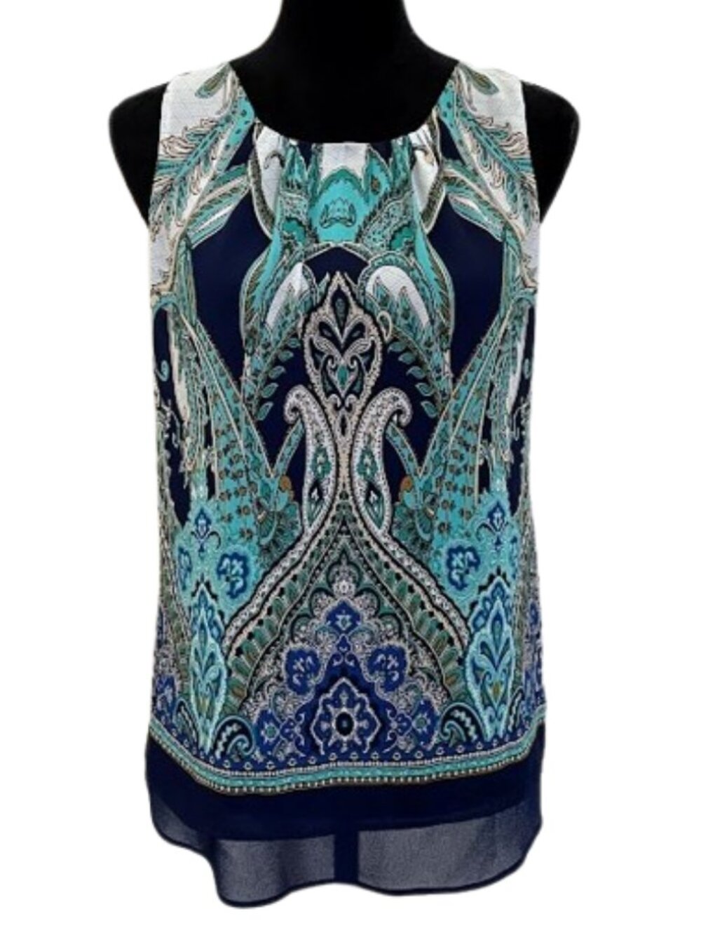 Rose & Olive Split-Back Tank Paisley Harem Navy Teal & White SMALL